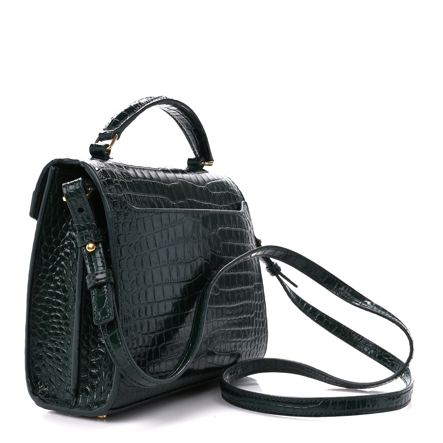 Saint Laurent Calfskin Crocodile Embossed Mini Classic Monogram Cassandra Top Handle Green 3 of 11