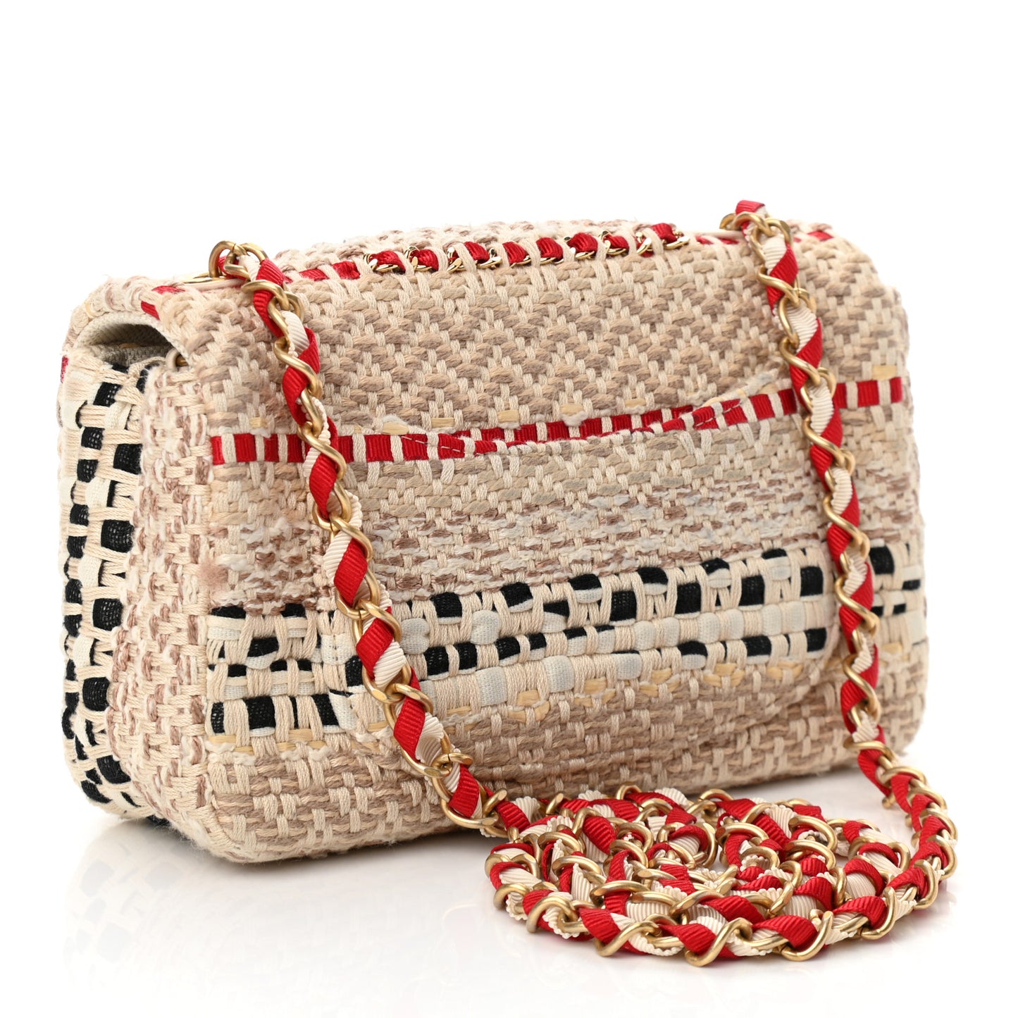 Tweed Chain Braid Mini Flap Beige White Red