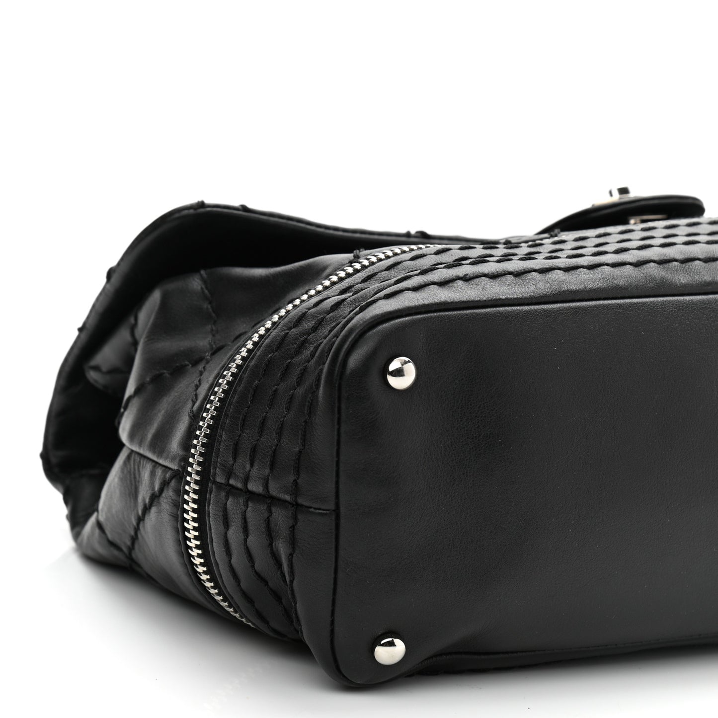 Calfskin Stitched Large Expandable Flap Bag Black