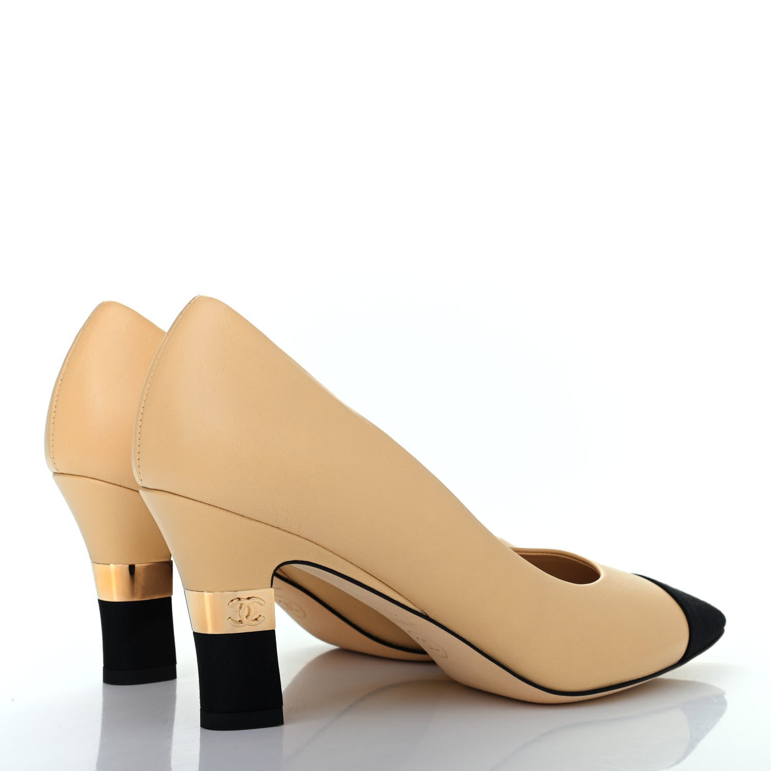 Chanel Lambskin Grosgrain Cap Toe CC Pumps 36.5 Beige Black 3 of 4