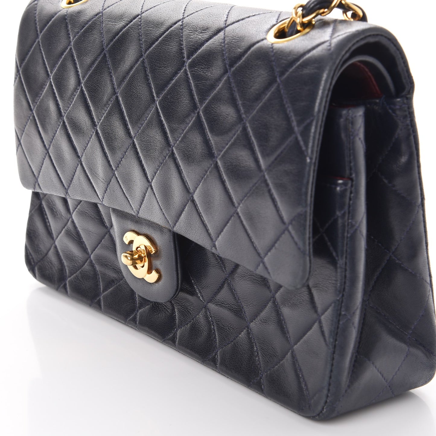 Lambskin Quilted Medium Double Flap Navy