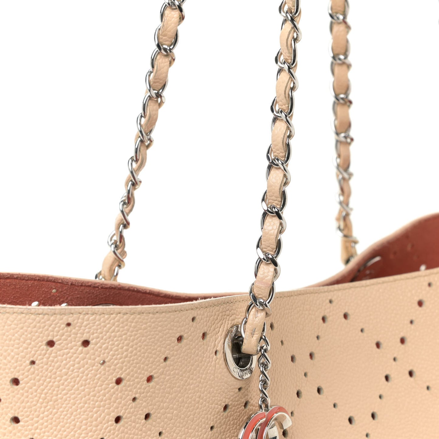 Perforated Grained Calfskin Small Shopping Tote Light Coral