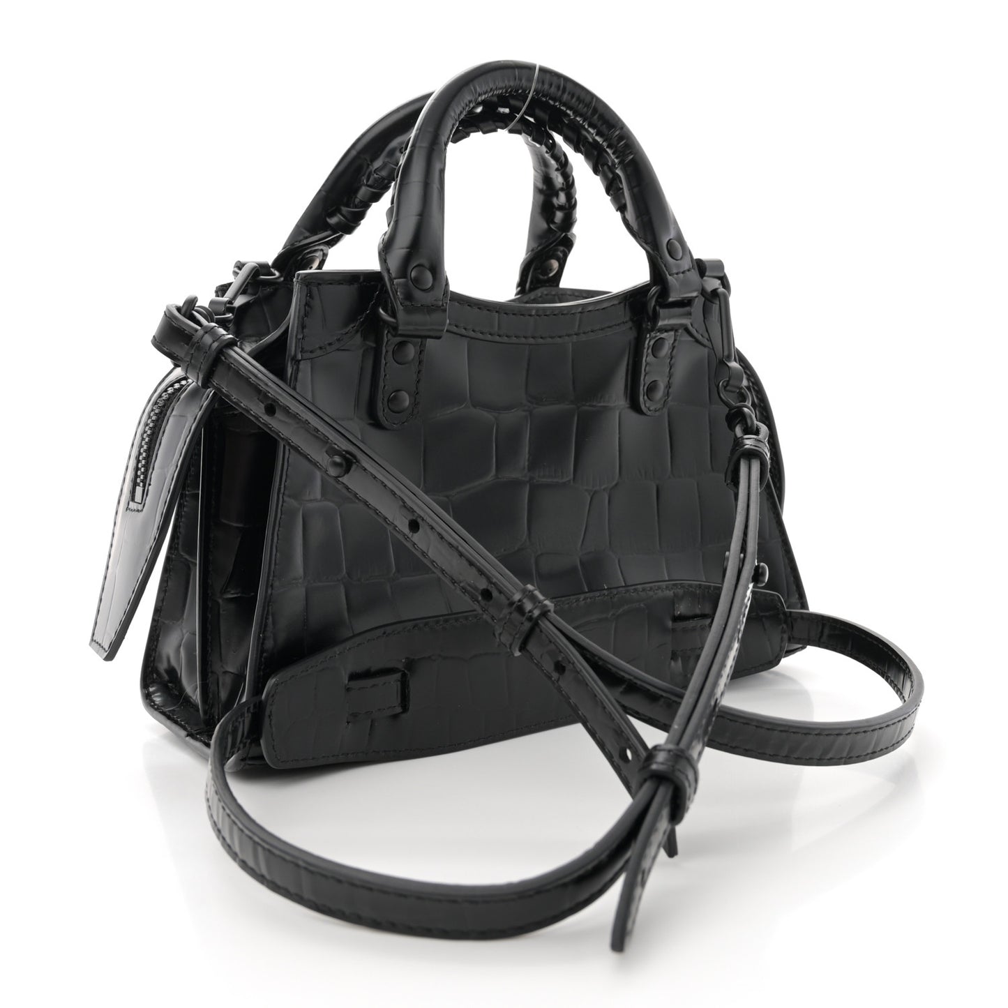 Semi Shiny Calfskin Crocodile Embossed Neo Classic Black Hardware Mini City Black