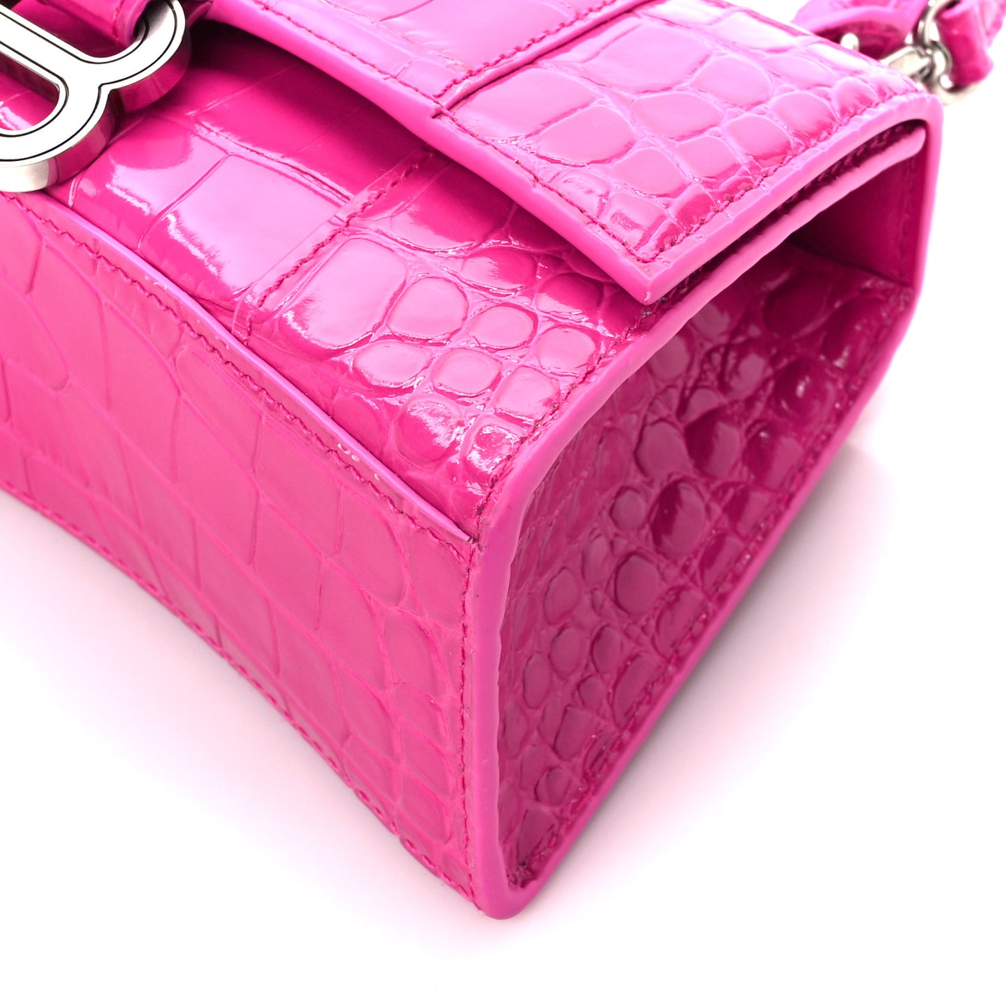 Shiny Calfskin Crocodile Embossed Hourglass Top Handle Bag XS Lipstick Pink