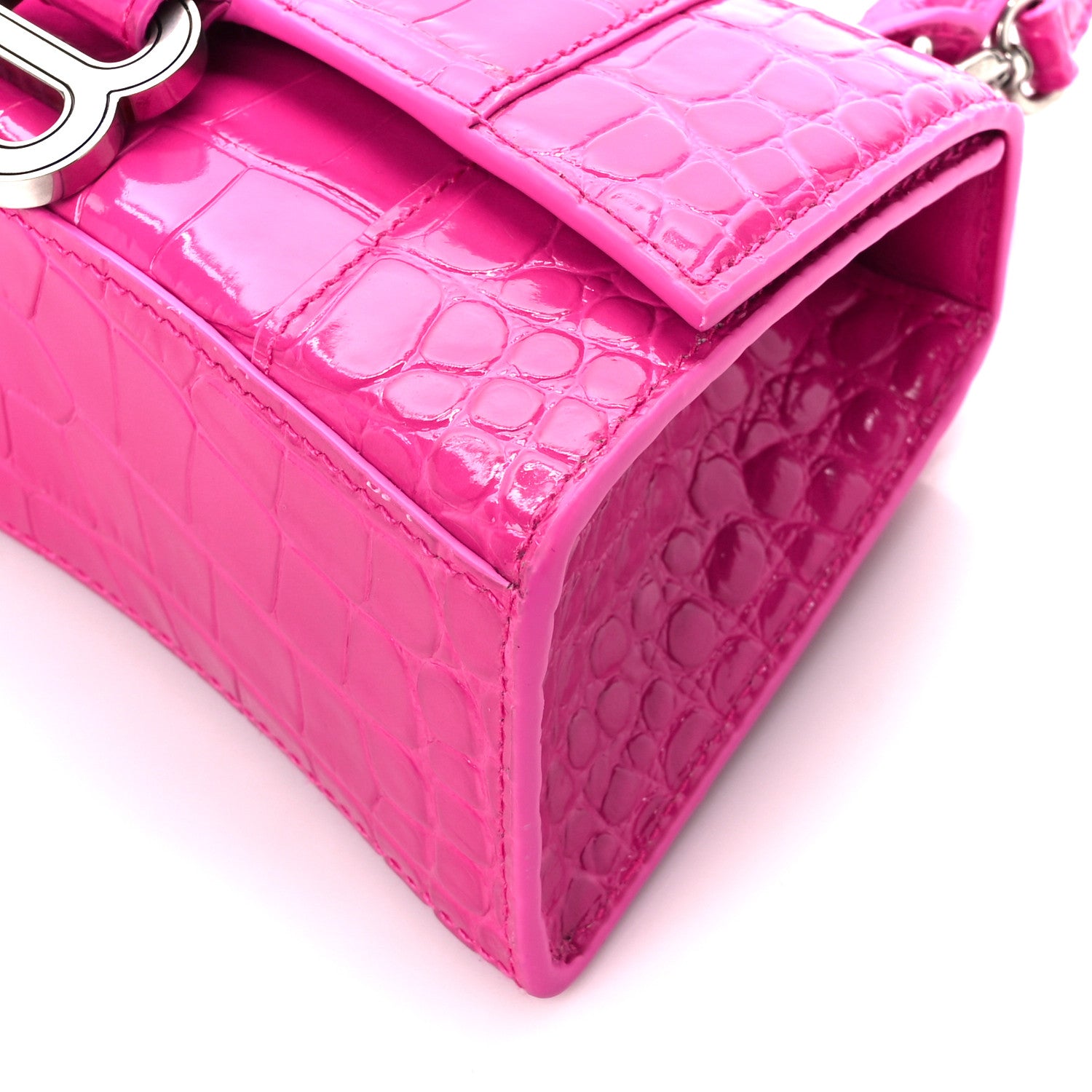 Balenciaga Shiny Calfskin Crocodile Embossed Hourglass Top Handle Bag XS Lipstick Pink 11 of 12