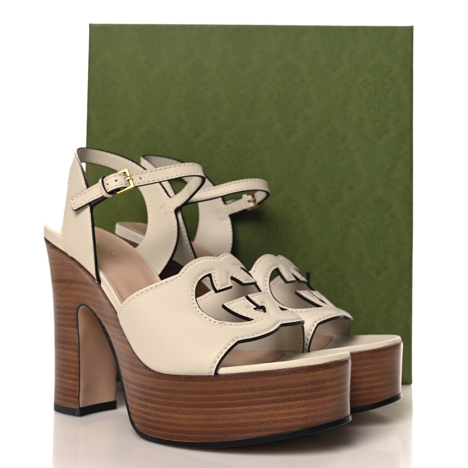 Gucci Cosmos Softy Calfskin Wooden Interlocking G Cut-Out 30/120mm Platform Sandals 40 Mystic White 9 of 9