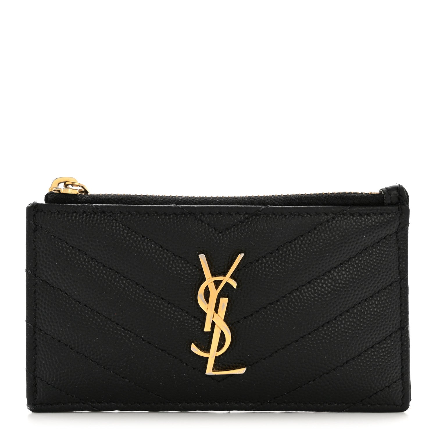 Saint Laurent Grain De Poudre Matelasse Chevron Monogram Fragments Zippered Card Case Black 1 of 11