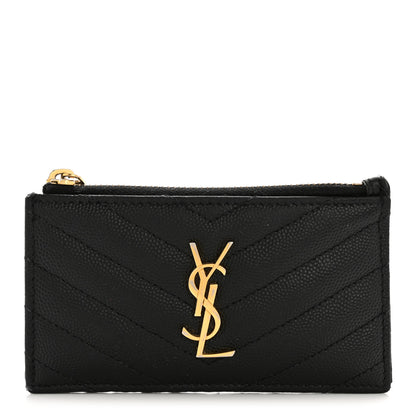 Saint Laurent Grain De Poudre Matelasse Chevron Monogram Fragments Zippered Card Case Black 1 of 11