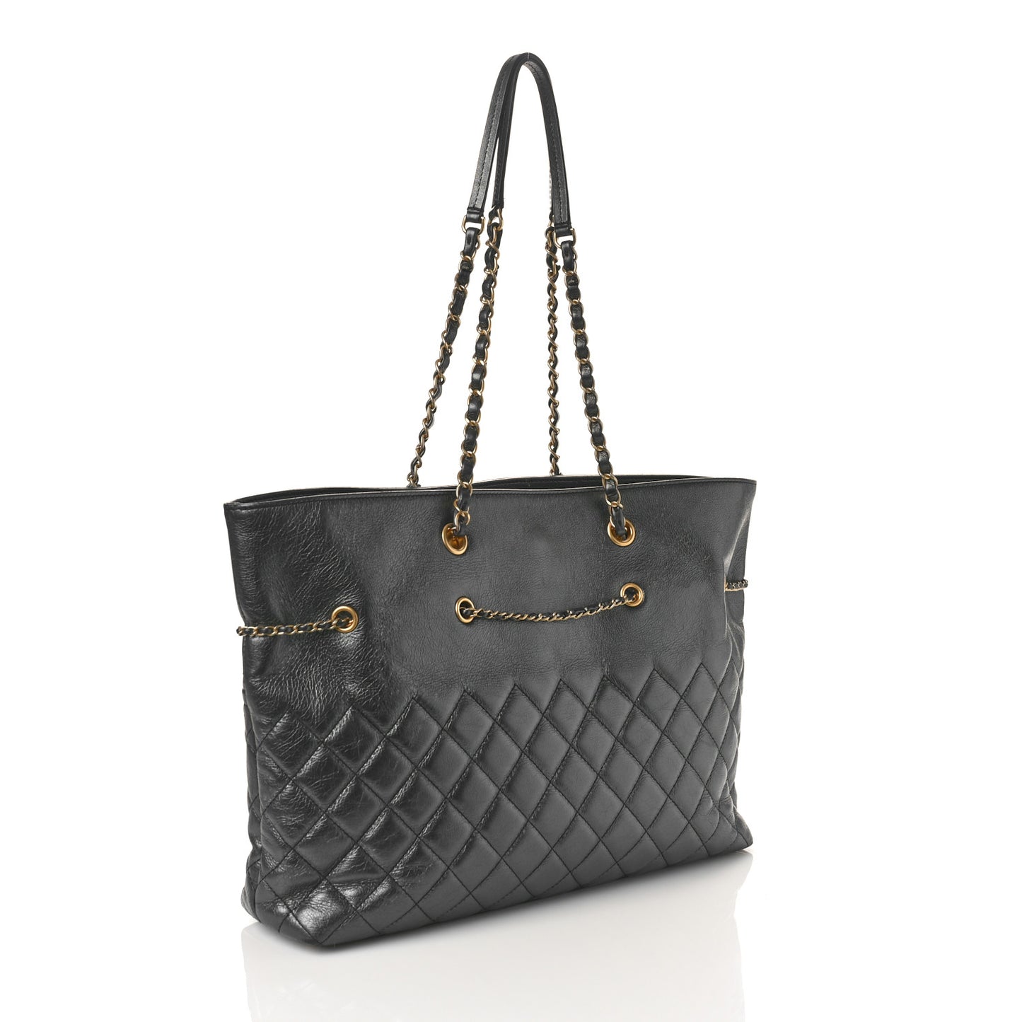 Aged Calfskin Quilted Drawstring Shopping Tote Black