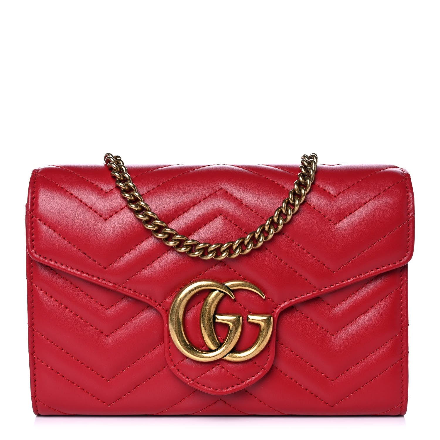 Gucci Calfskin Matelasse GG Marmont Chain Wallet Hibiscus Red 1 of 9