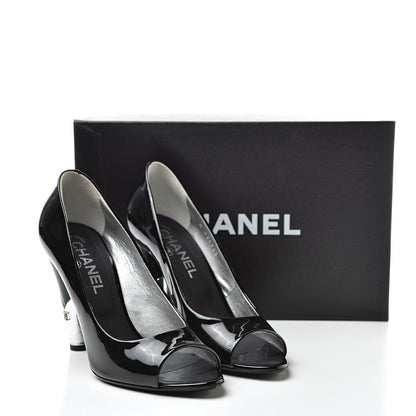 Chanel Patent Open Toe CC Pumps 37 Black 10 of 10