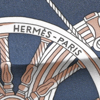 Hermes Silk Stately Wheels Scarf 90 Bleu Ardoise White Orange 2 of 6