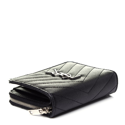 Saint Laurent Grain De Poudre Matelasse Chevron Monogram Compact Zip Around Wallet Black 4 of 10