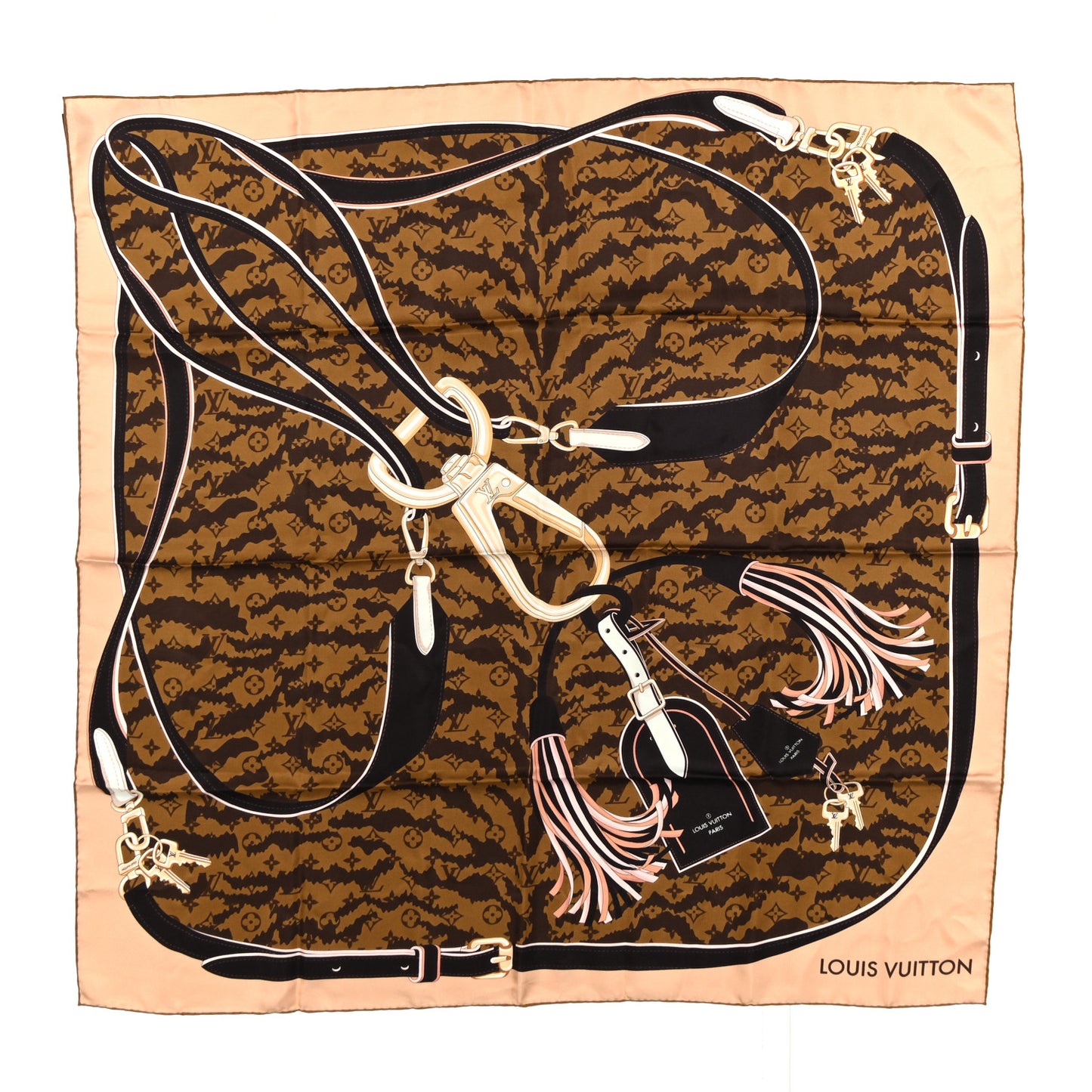 Silk Monogram Tiger Stripe Square 90 Scarf Marron