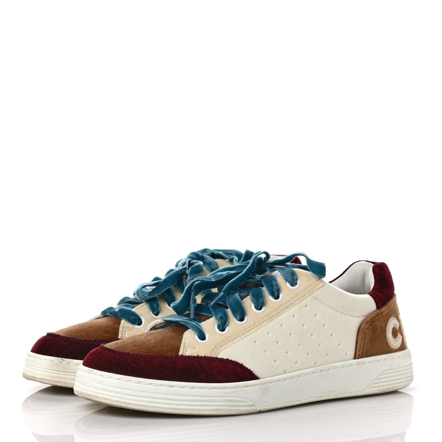 Calfskin Velvet Womens Logo Sneakers 38.5 White Beige Burgundy