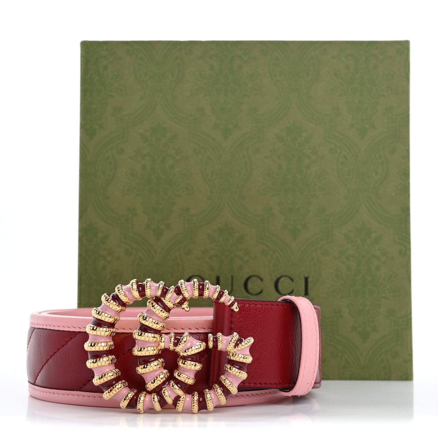 Gucci Vintage Effect Calfskin Matelasse Diagonal Enamel Double G 40mm Belt 75 30 Red Pink 6 of 6