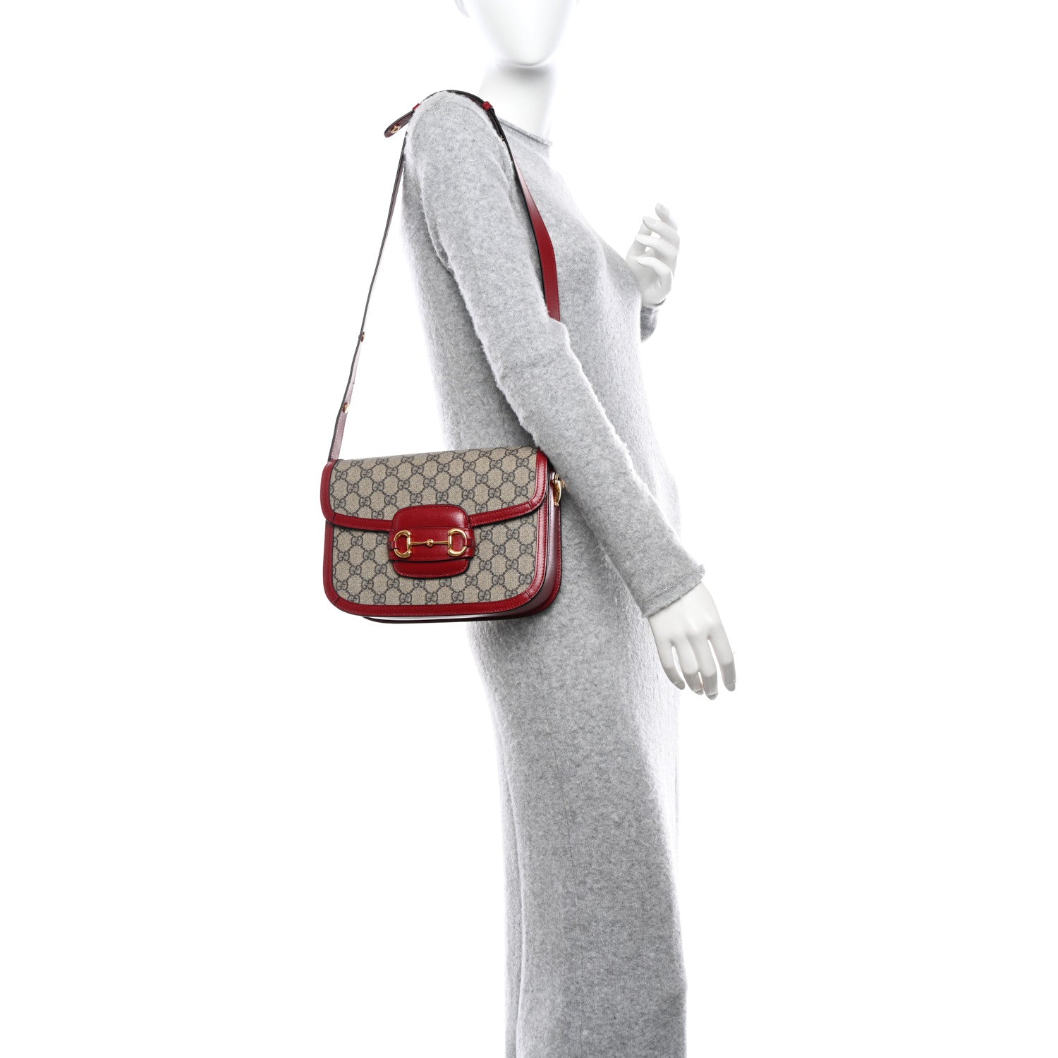Gucci GG Supreme Monogram Azalea Calfskin Horsebit 1955 Shoulder Bag Beige Ebony New Cherry Red 2 of 9