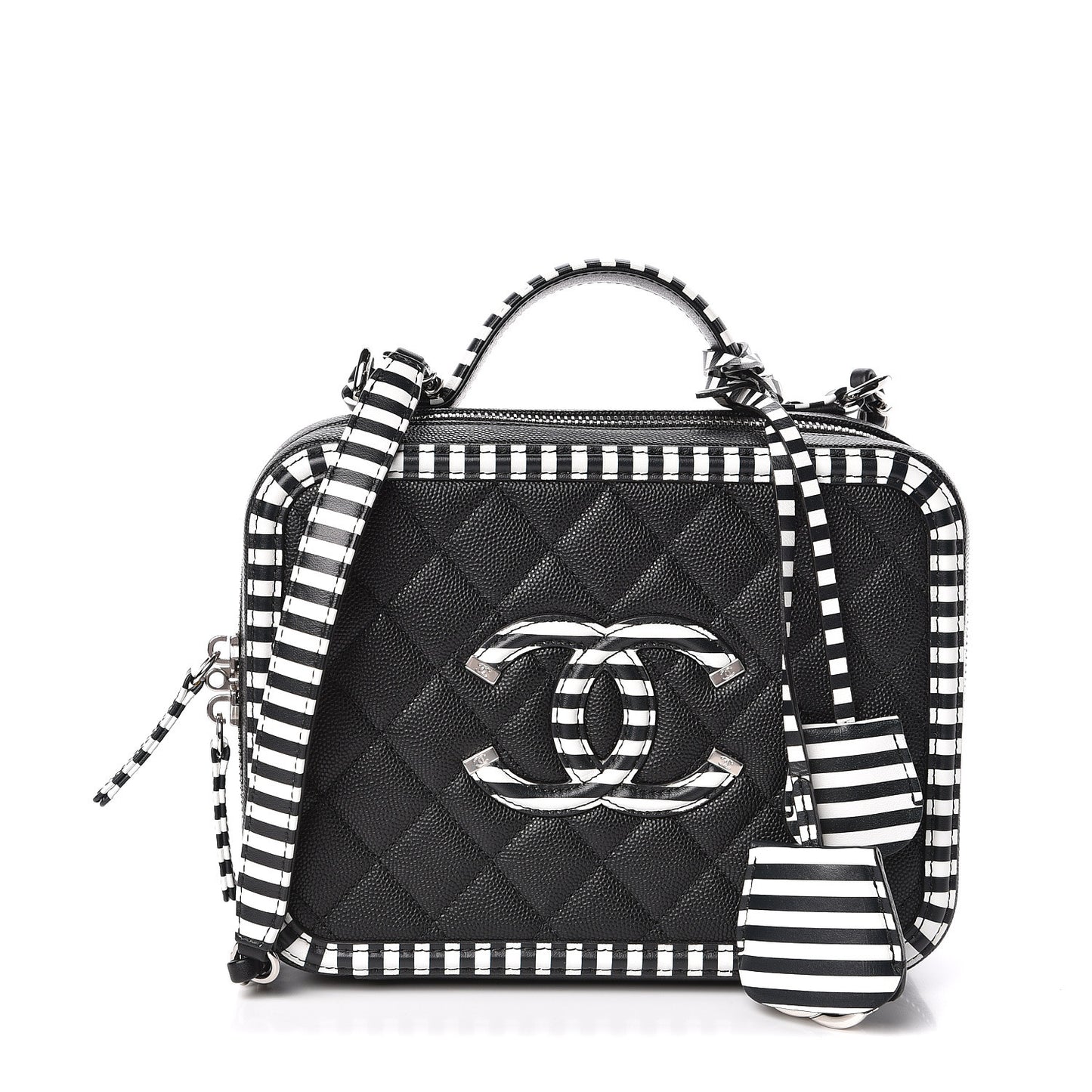 Caviar Quilted Striped Medium CC Filigree Vanity Case Black White