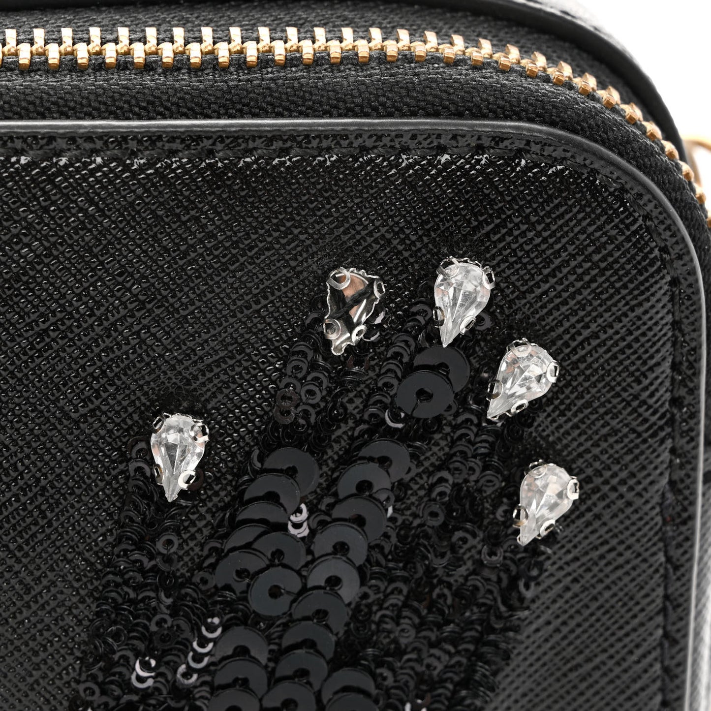 Saffiano Sequin Crystal Embellished Small Snapshot Camera Bag Black