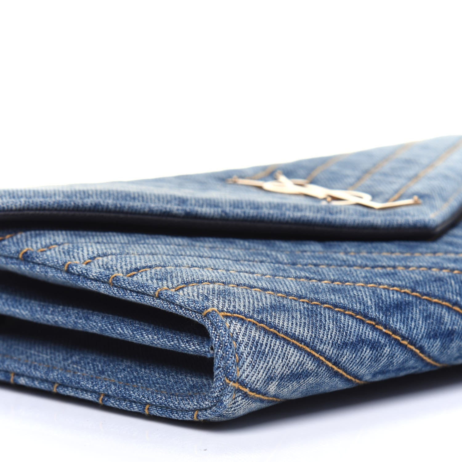 Saint Laurent Denim Matelasse Chevron Monogram Chain Wallet Blue Jeans 10 of 12
