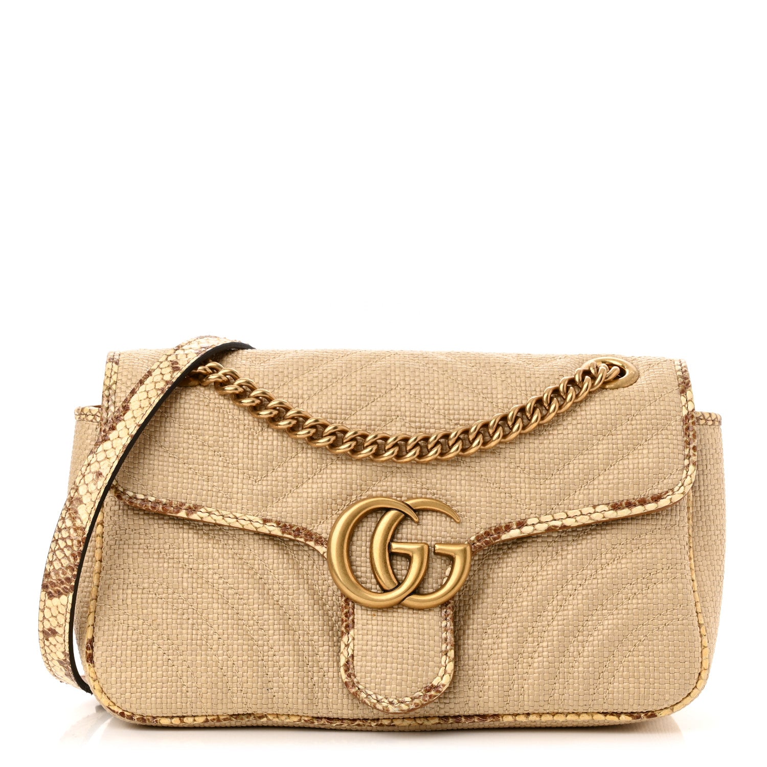 Gucci Raffia Elaphe Matelasse Small GG Marmont Shoulder Bag Natural Cream Brown 1 of 10