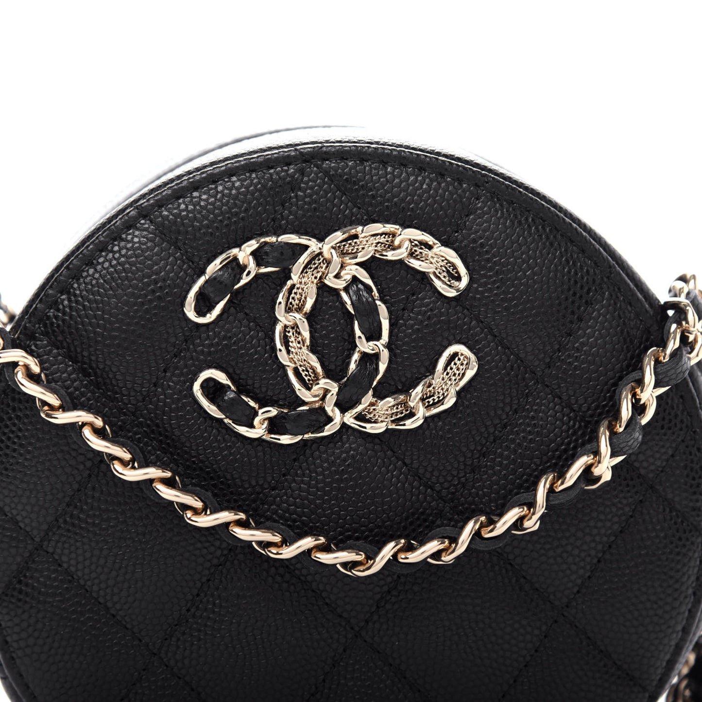 Caviar Quilted French New Wave Round Clutch With Chain Black