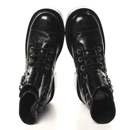 Chanel Shiny Calfskin Quilted Lace Up Combat Boots 35 Black 2 of 9