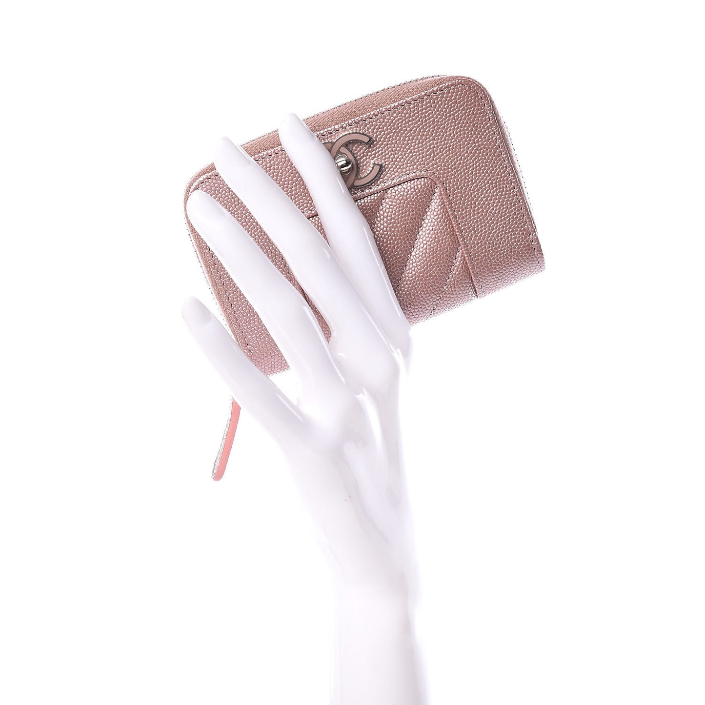 Metallic Caviar Chevron Quilted Vintage Mademoiselle Zip Coin Purse Pink
