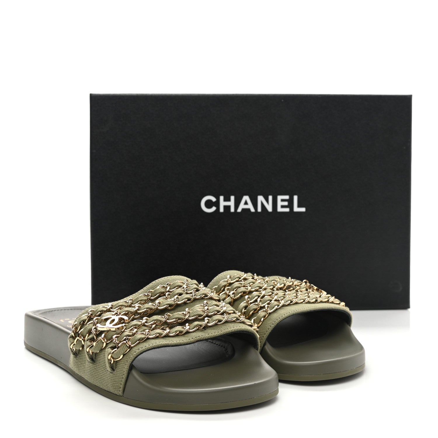 Chanel Canvas Chain Flat Sandals 39 Khaki 10 of 10