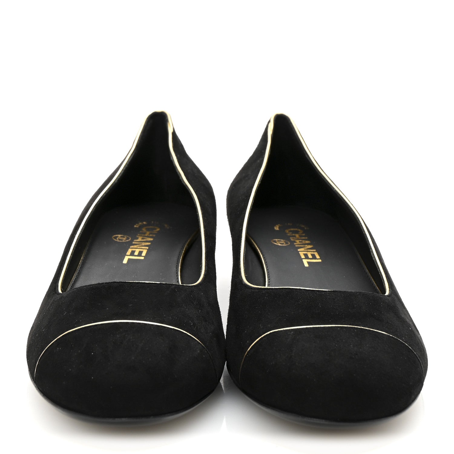 Chanel Suede Studded Cap Toe Low Heel Pumps 40 Black Gold 3 of 9