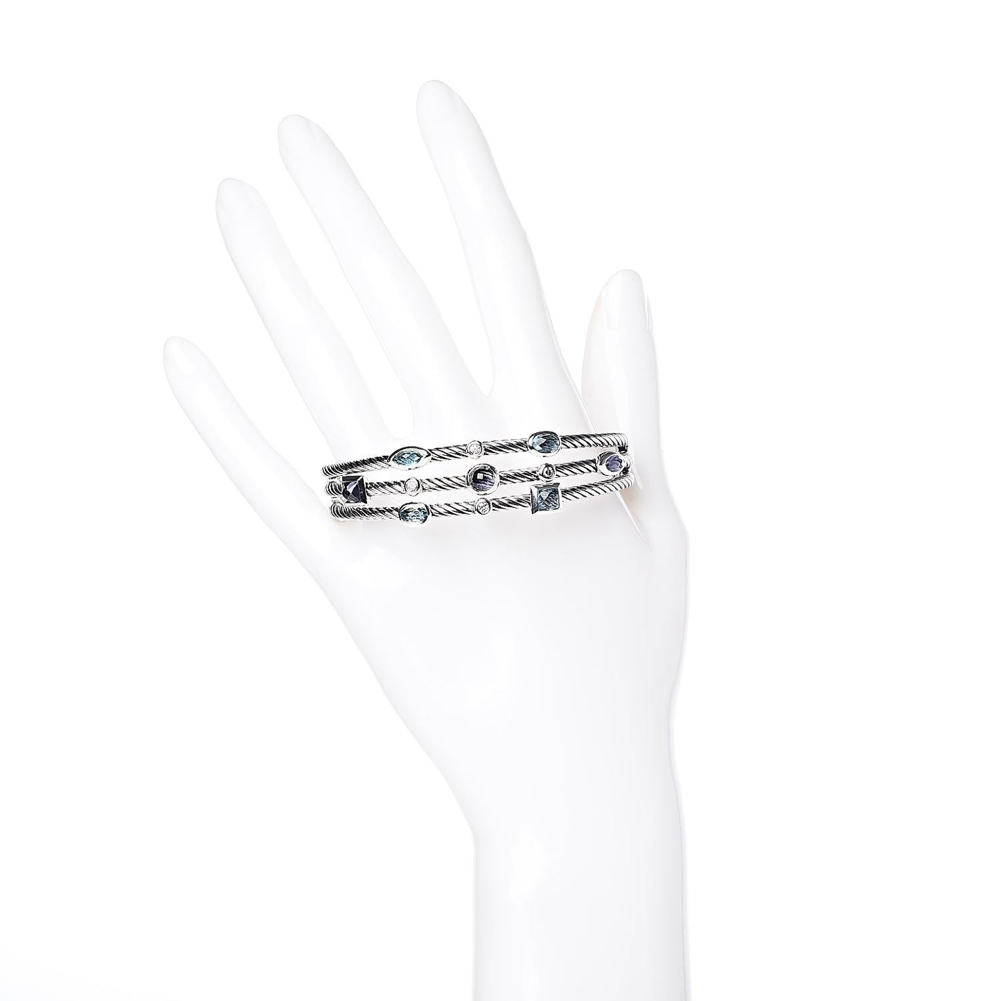 Sterling Silver Blue Topaz Hampton Blue Topaz Iolite Diamond Three Row Confetti Cuff Bracelet