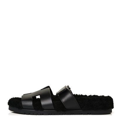 Hermes Calfskin Woolskin Womens Chypre Sandals 40 Black 1 of 8