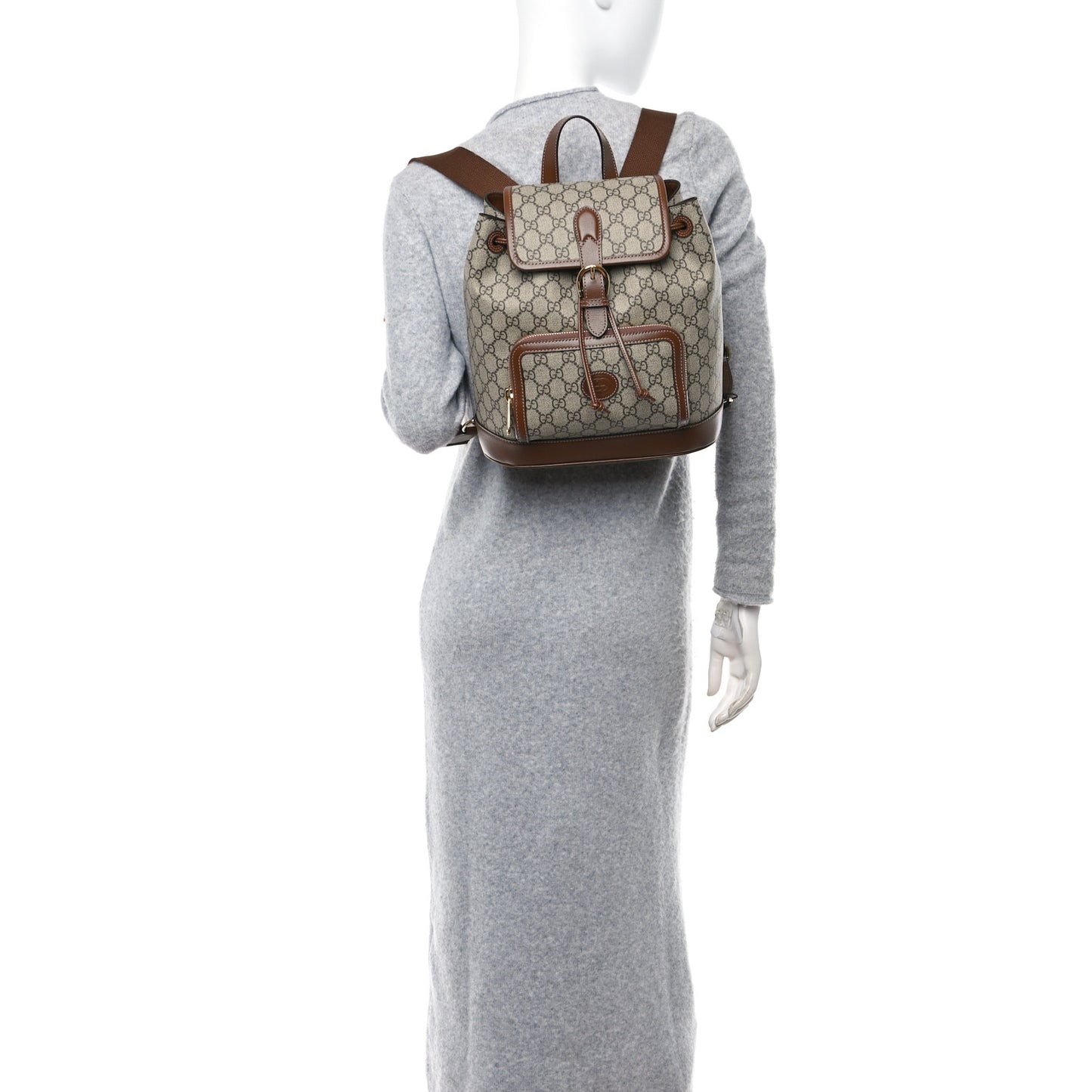 GG Supreme Monogram Azalea Calfskin Retro Interlocking G Buckle Backpack Beige Ebony Brown Sugar