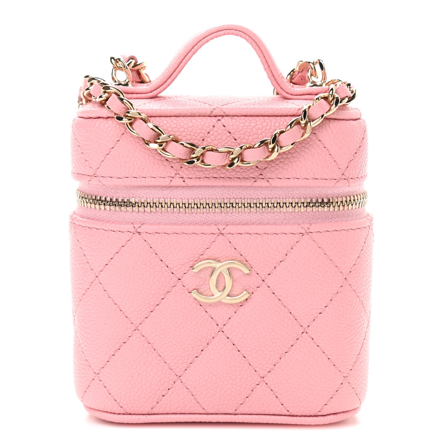 Caviar Quilted Small Handle With Care Vanity Case With Chain Pink