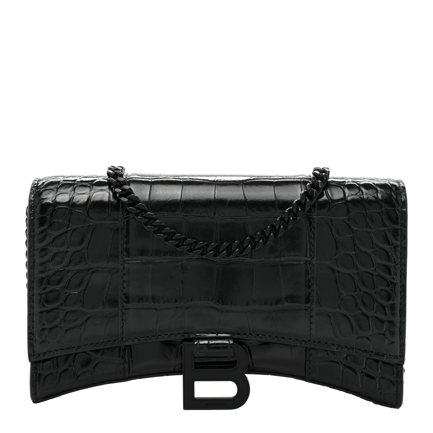 Shiny Calfskin Monochrome Crocodile Embossed Small Hourglass Evening Chain Bag Black