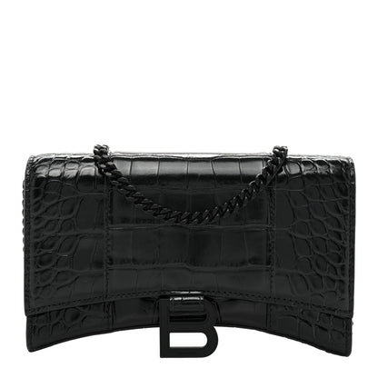 Balenciaga Shiny Calfskin Monochrome Crocodile Embossed Small Hourglass Evening Chain Bag Black 1 of 10