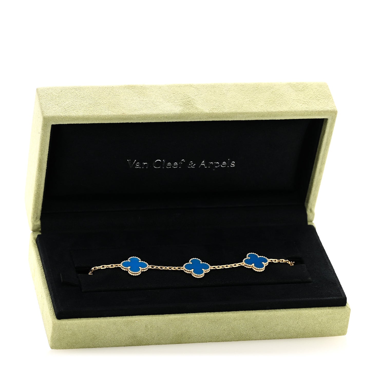 18K Yellow Gold Blue Agate 5 Motifs Vintage Alhambra Bracelet