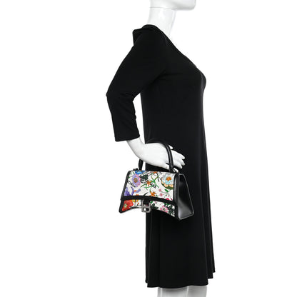 Balenciaga X GUCCI Canvas Boarded Plutone Calfskin Flora Logo Print Small Hourglass Top Handle Bag White Multicolor Black 2 of 9