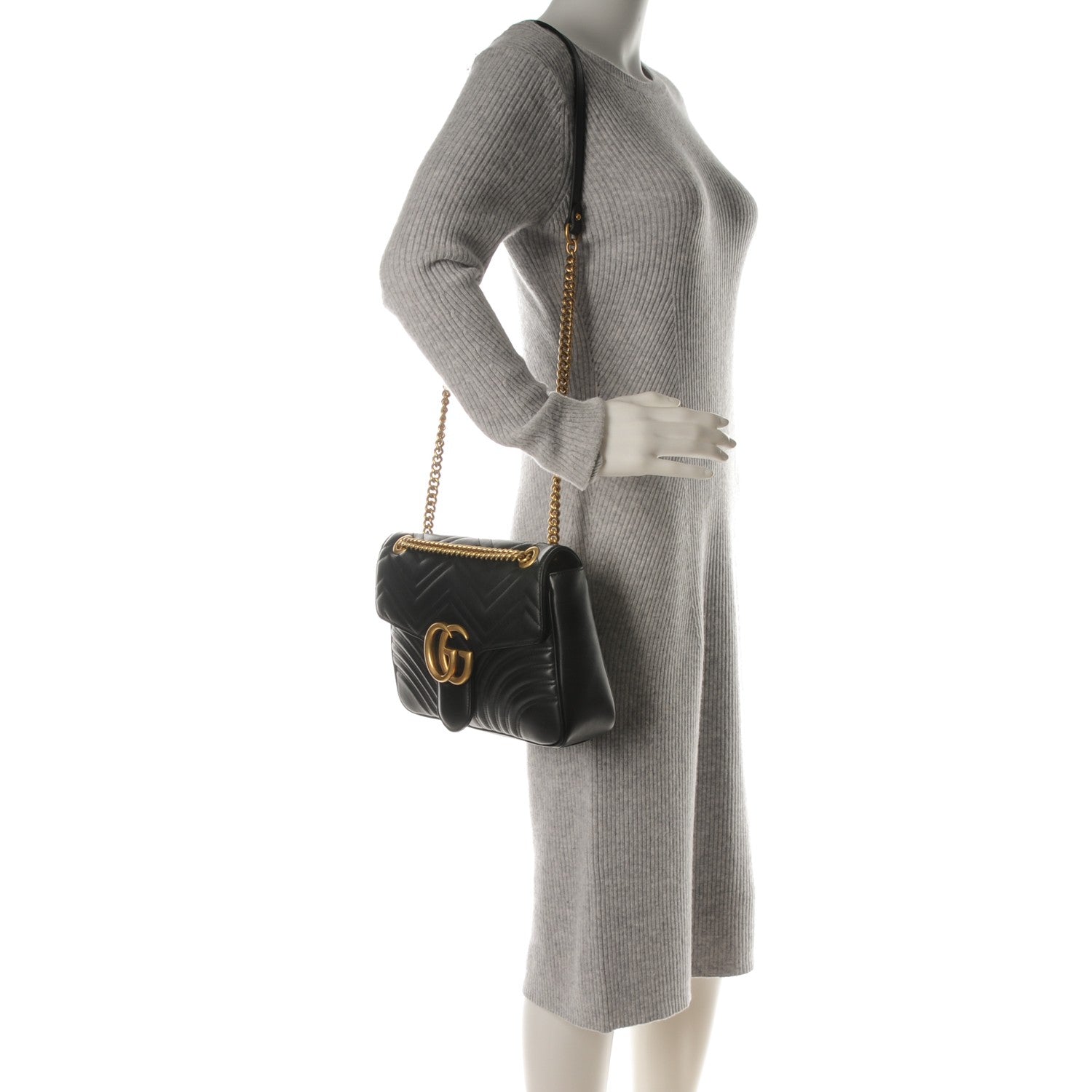 Gucci Calfskin Matelasse Medium GG Marmont Shoulder Bag Black 2 of 7