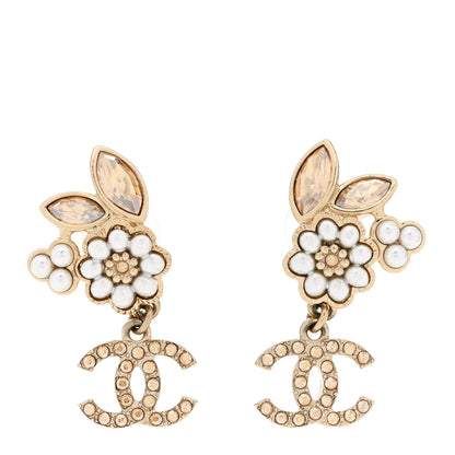 Chanel Pearl Crystal Drop CC Earrings Gold White 1 of 4