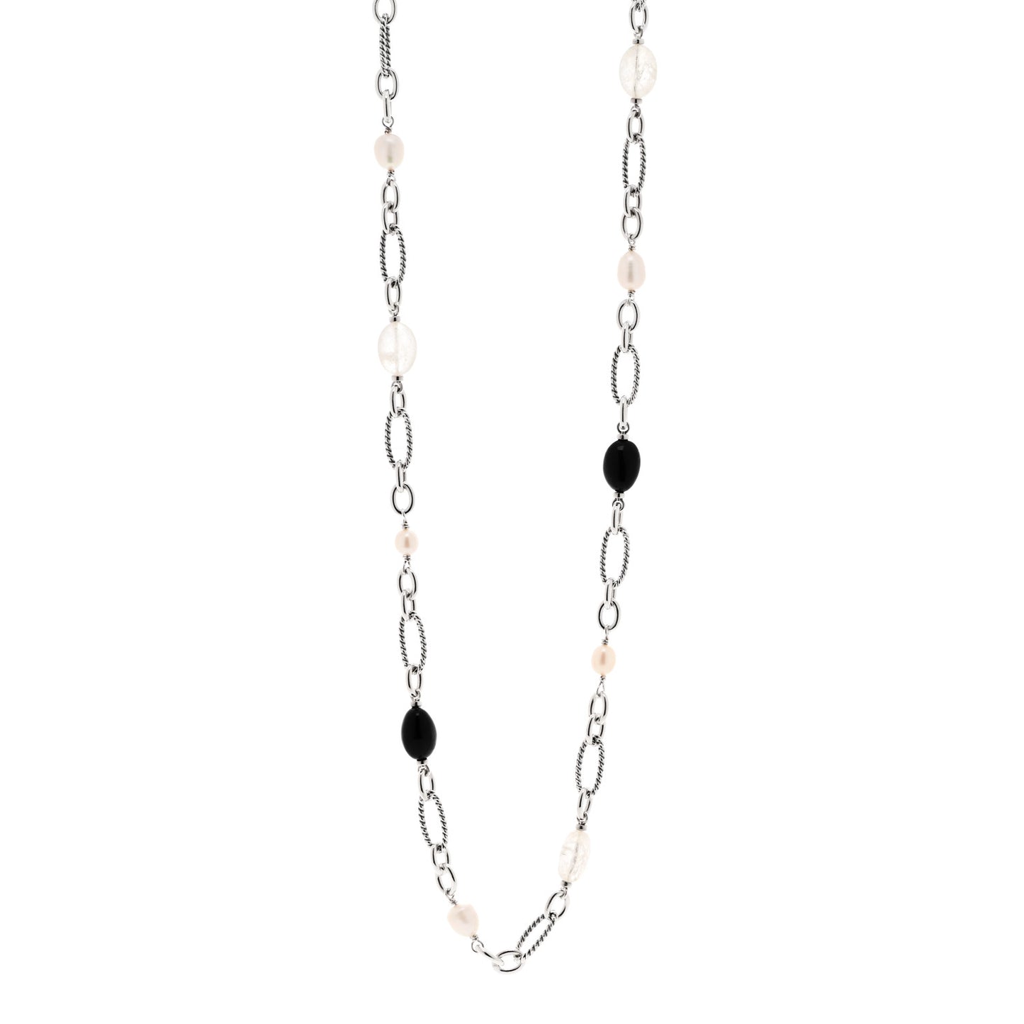 Sterling Silver Black Onyx Pearl Quartz Figaro Chain Necklace