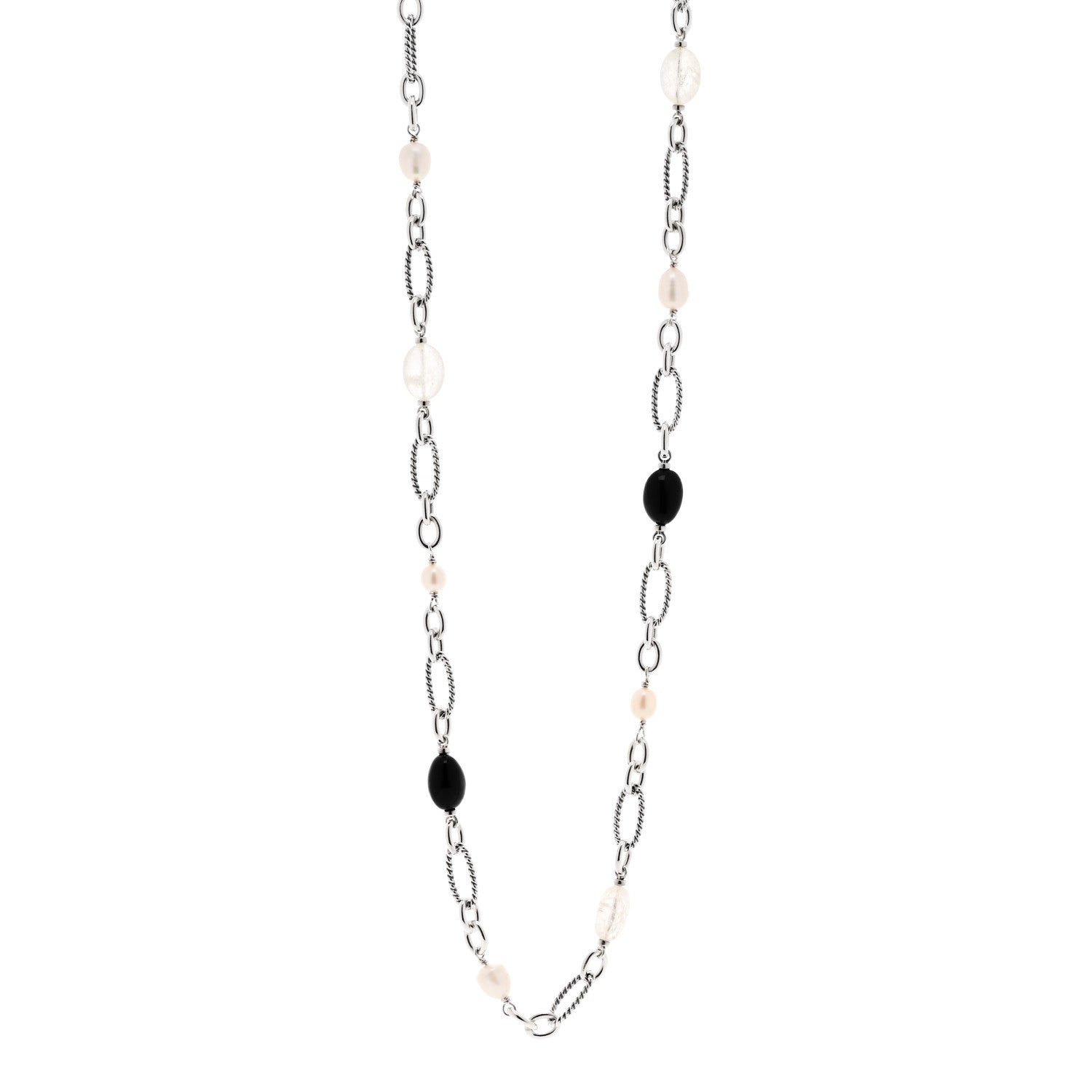 David Yurman Sterling Silver Black Onyx Pearl Quartz Figaro Chain Necklace 2 of 3