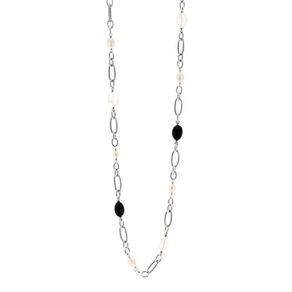 David Yurman Sterling Silver Black Onyx Pearl Quartz Figaro Chain Necklace 2 of 3