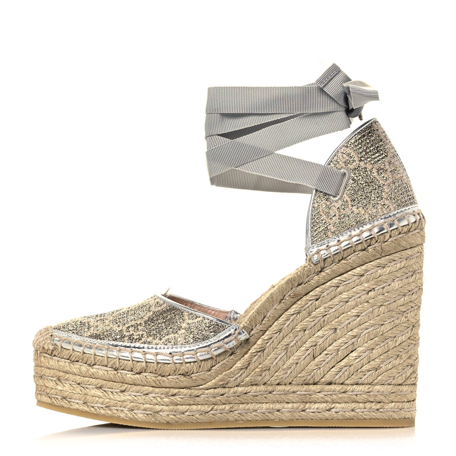 Gucci Lame GG Monogram Ankle Wrap Platform Espadrille Wedges 37 Silver Beige Light Grey 1 of 10