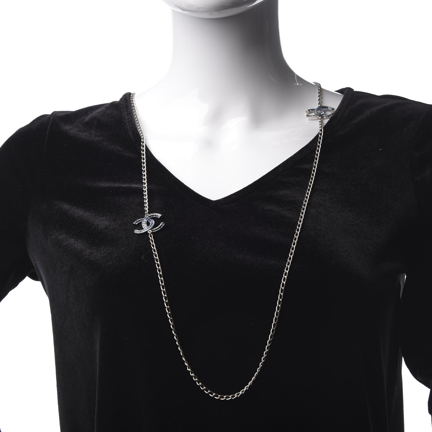 Chanel Crystal Baguette CC Double Strand Necklace Silver Blue 2 of 5