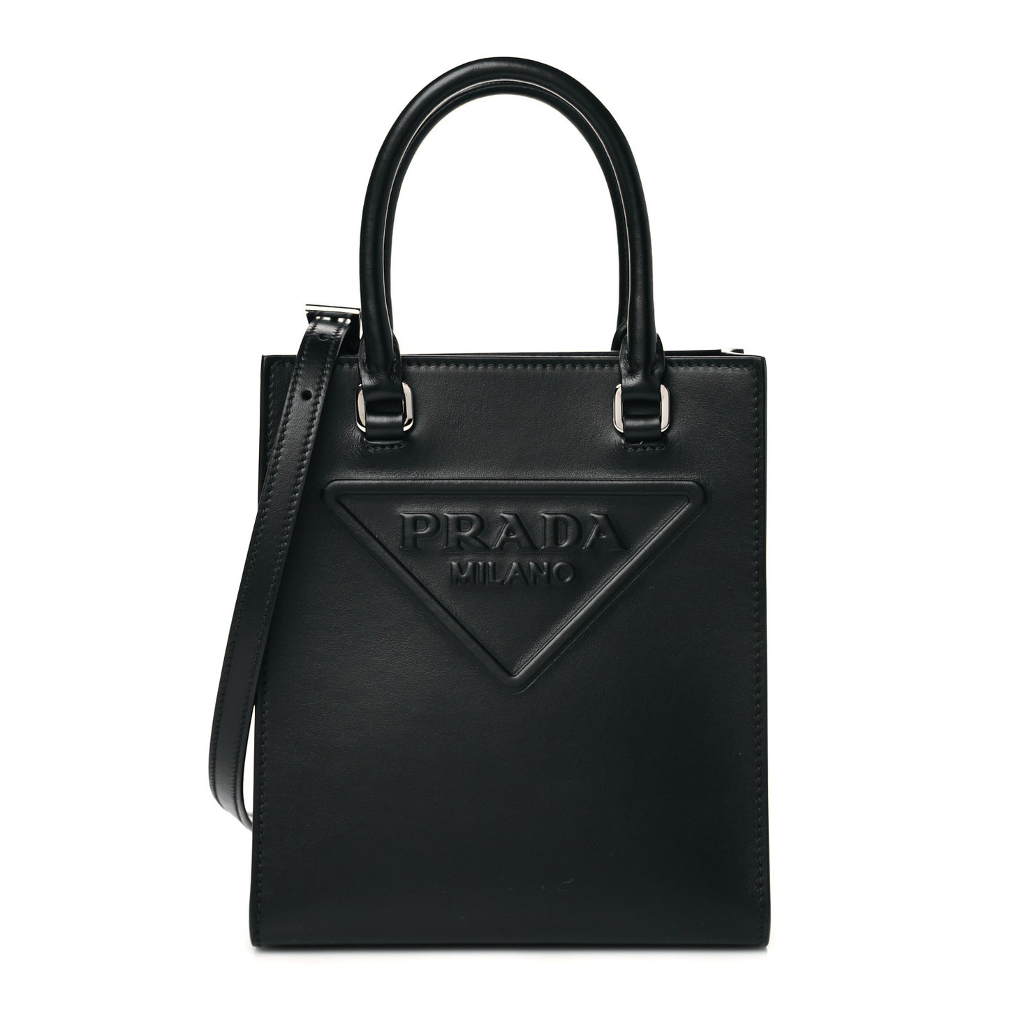 Soft Calfskin Triangle Logo Embossed Small Double Handle Crossbody Tote Black