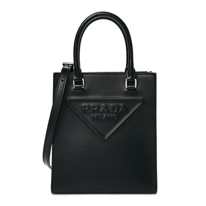 Prada Soft Calfskin Triangle Logo Embossed Small Double Handle Crossbody Tote Black 1 of 9