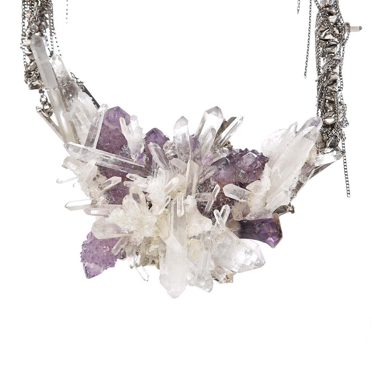 Quartz Amethyst Crystal Poured Glass CC Chain Necklace Silver Purple
