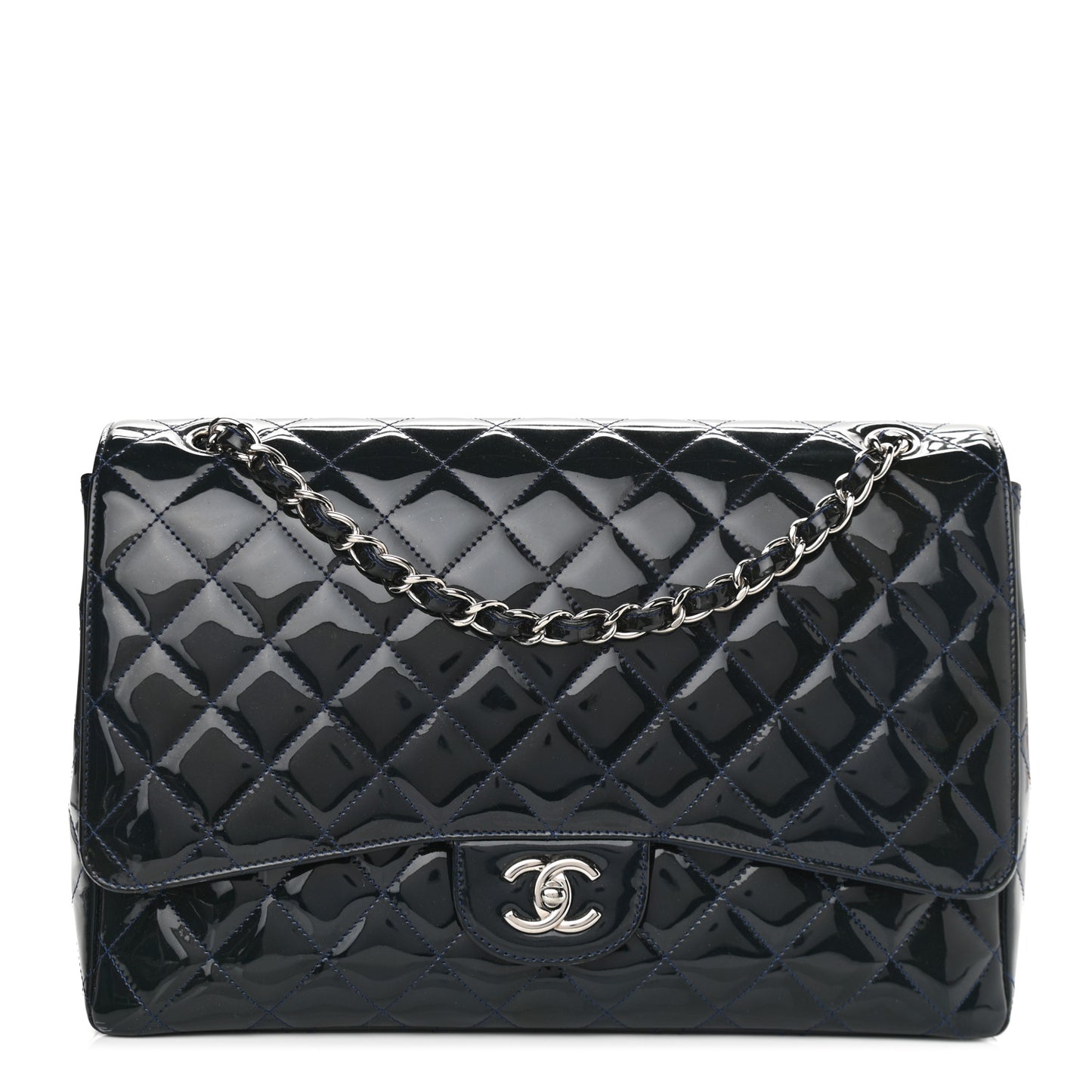 Patent Quilted Maxi Single Flap Navy Blue