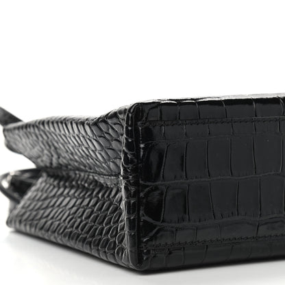 Balenciaga Shiny Calfskin Logo Crocodile Embossed North South Shopper Tote XXS Black White 7 of 8